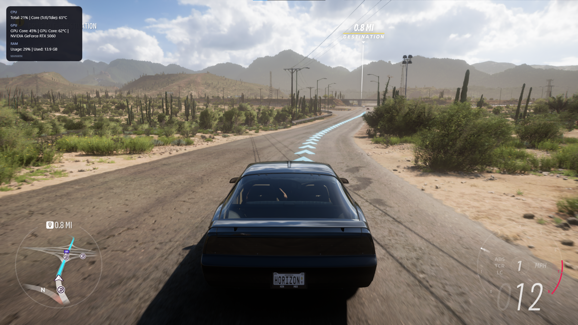 ManWin mostrando métricas durante una carrera en Forza Horizon 5